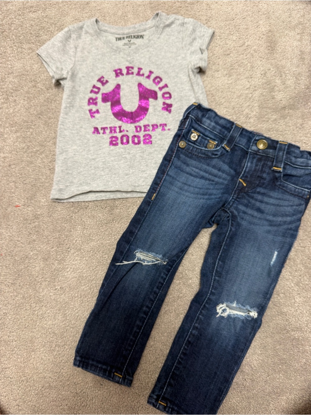 True Religion Girls' Dark Wash Distressed Jeans 2T and Shirt 3T